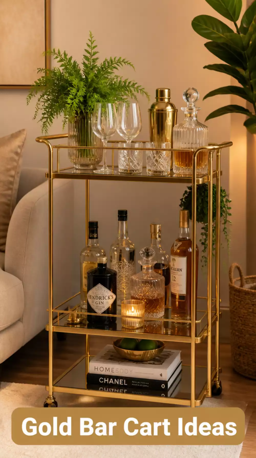 Living Room Bar Cart in a Slim Gold-Tone Metal Frame Styled With Glassware and a Plant