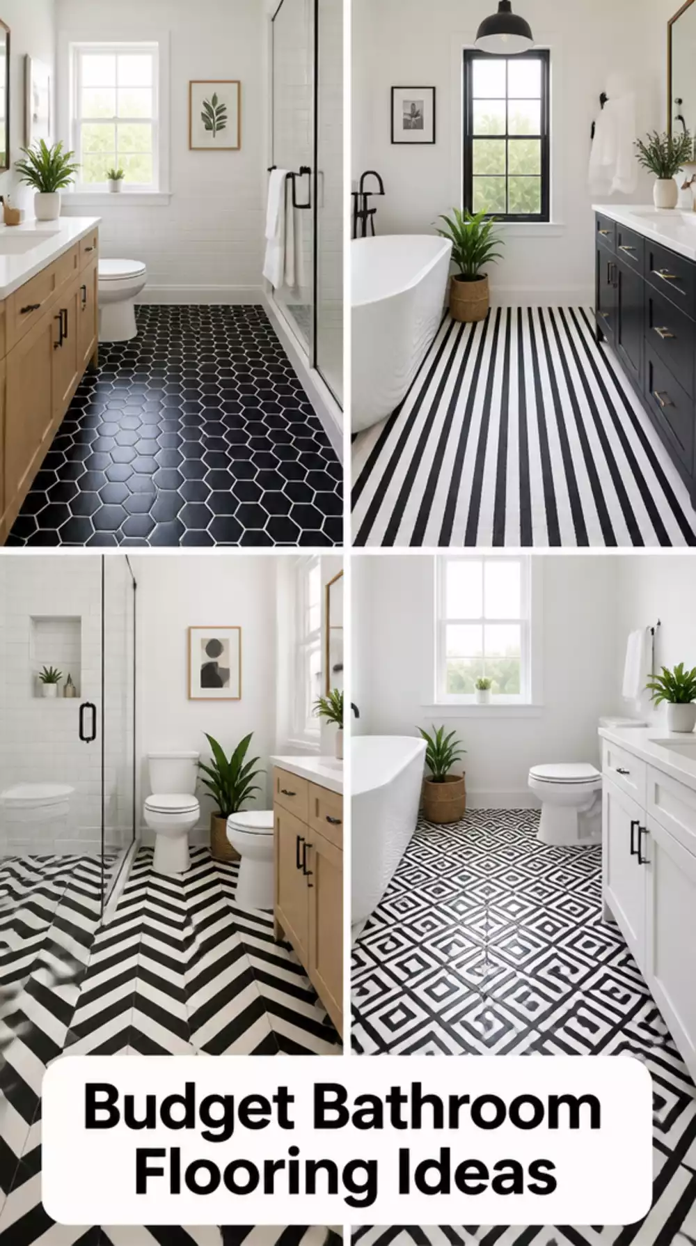 Bathroom Floor Tile Sticker Sheet in a Black and White Geometric That Updates Dated Flooring
