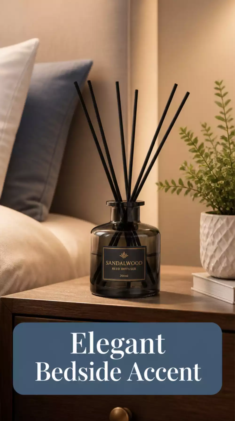 Bedroom Reed Diffuser in a Simple Dark Glass Bottle for an Elegant Bedside Accent