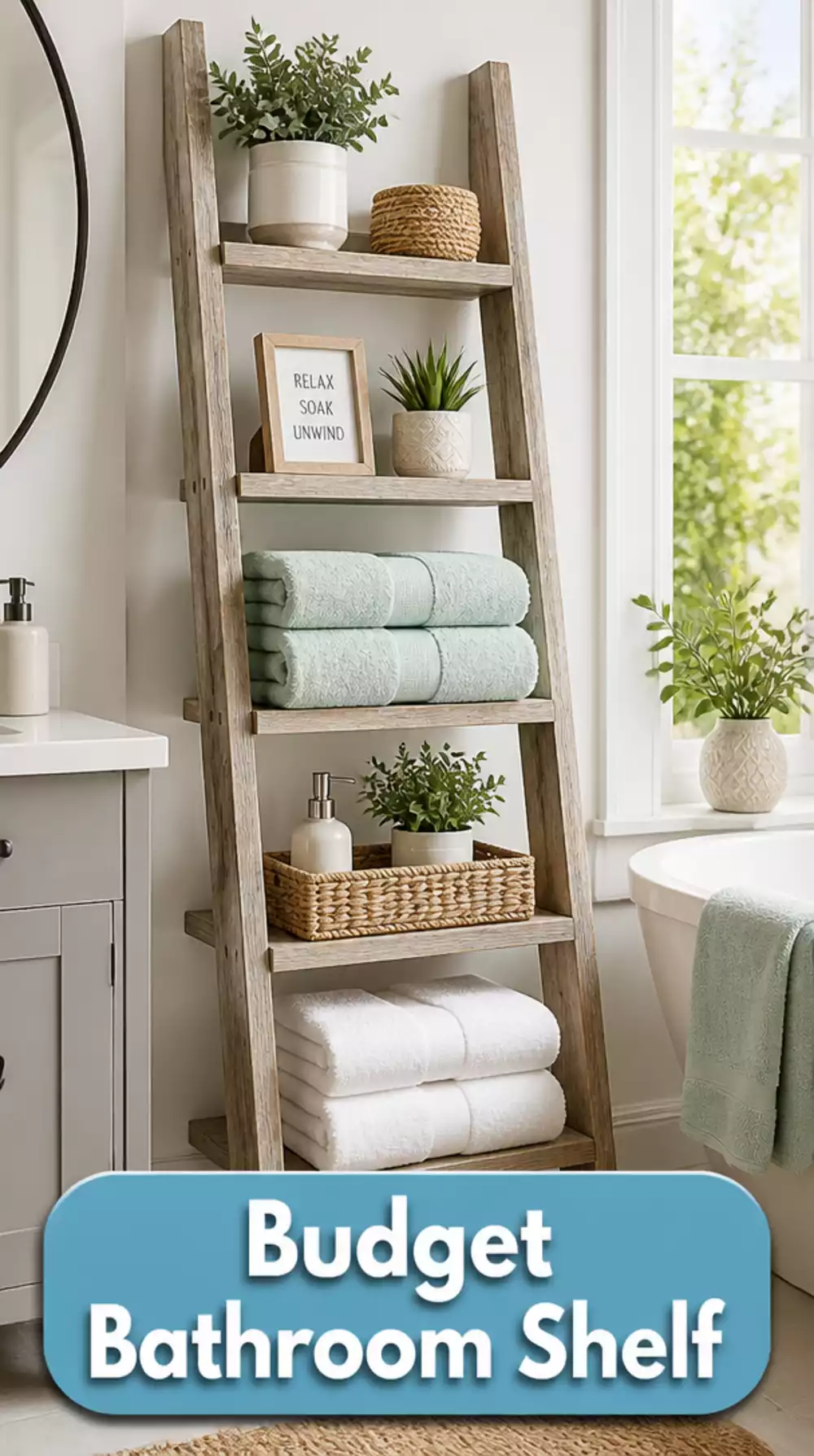 Bathroom DIY Upcycled Ladder Shelf That Adds Towel Storage for Almost Nothing