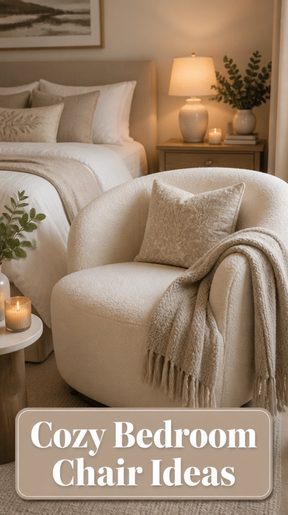 Bedroom Boucle Accent Chair in a Soft Ivory With a Throw Blanket Draped Over One Arm