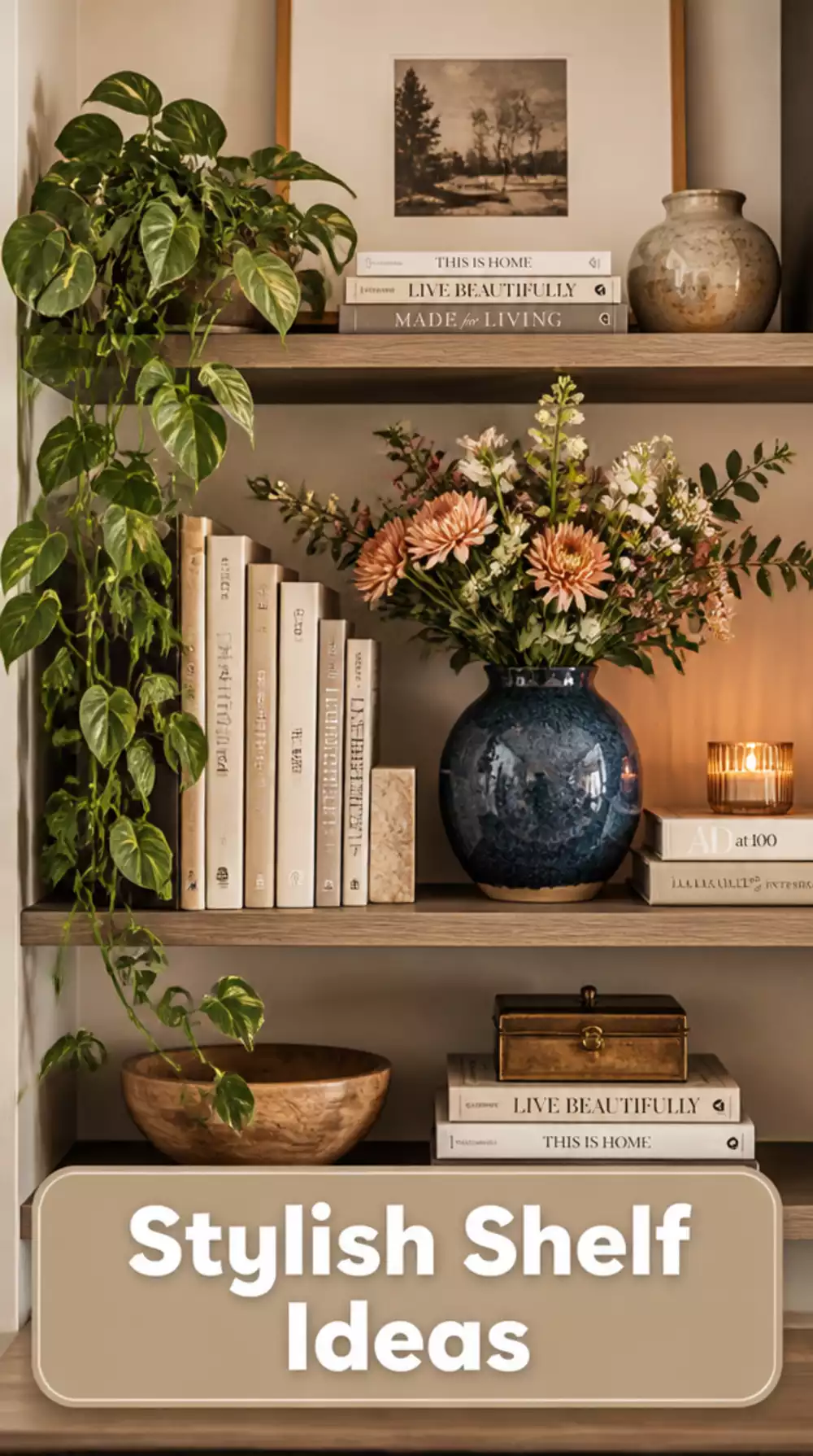Living Room Open Shelf Styled With Books, a Ceramic Vase, and One Trailing Plant as a Trio