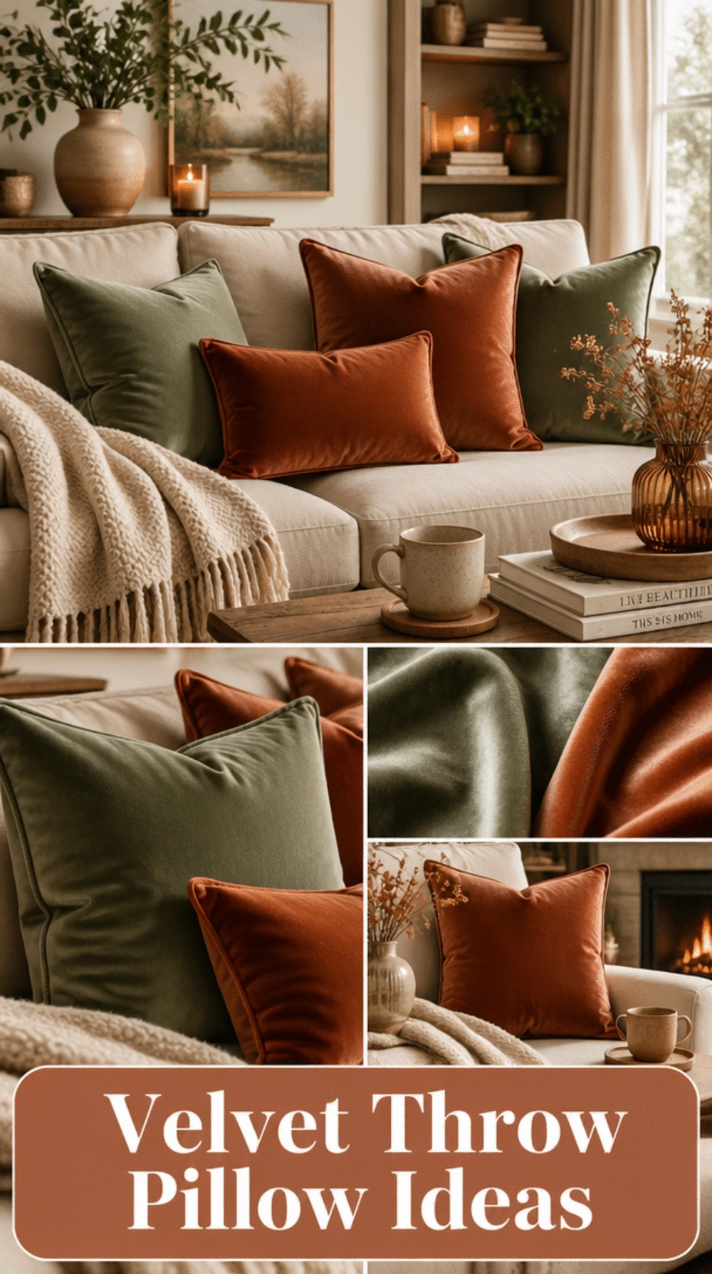 Living Room Velvet Throw Pillow Set in a Dusty Sage and Rust Colour Pairing