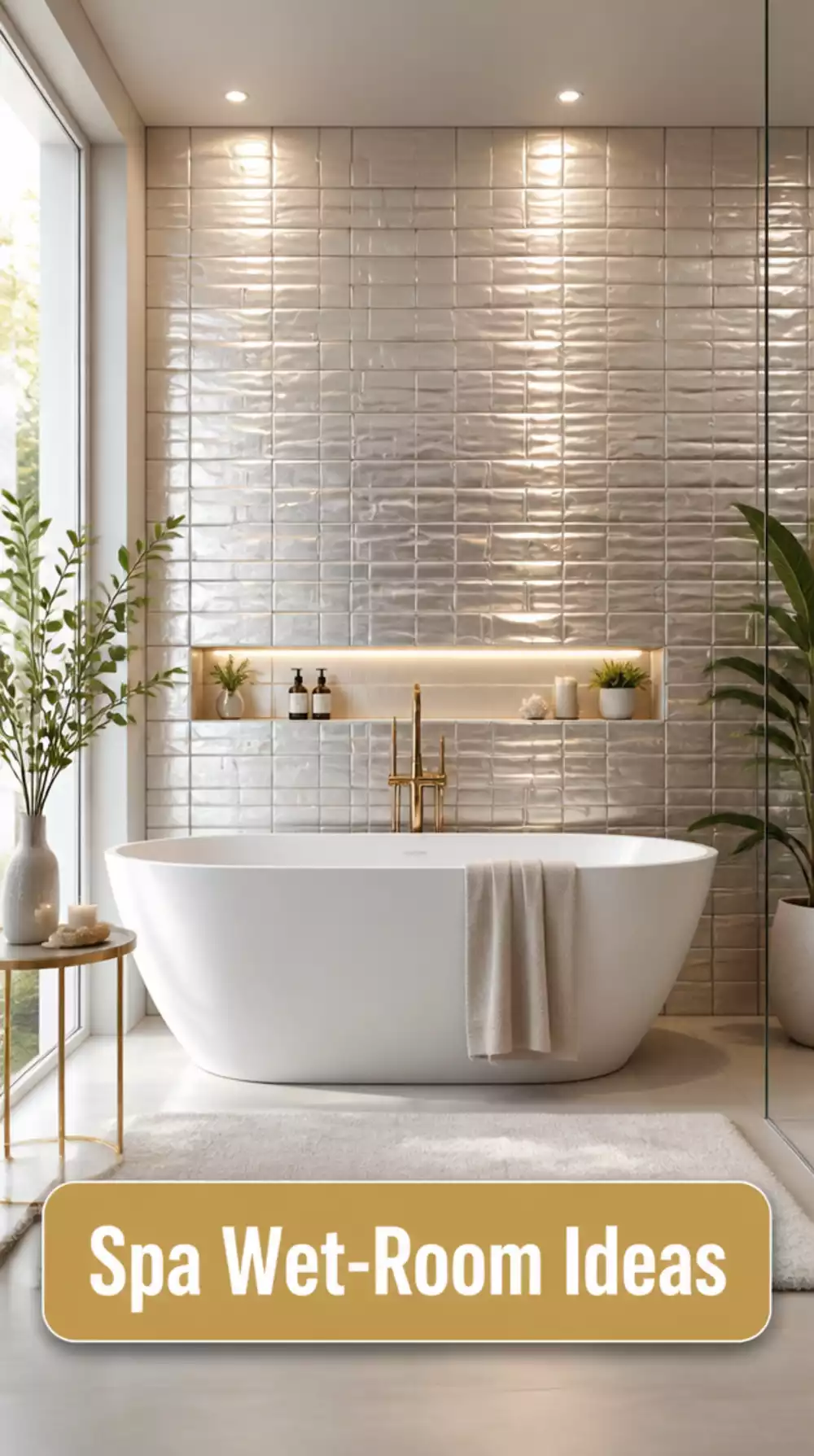 Bathroom Peel-and-Stick Feature Tile Panel Behind the Bath That Creates a Spa Wet-Room Look