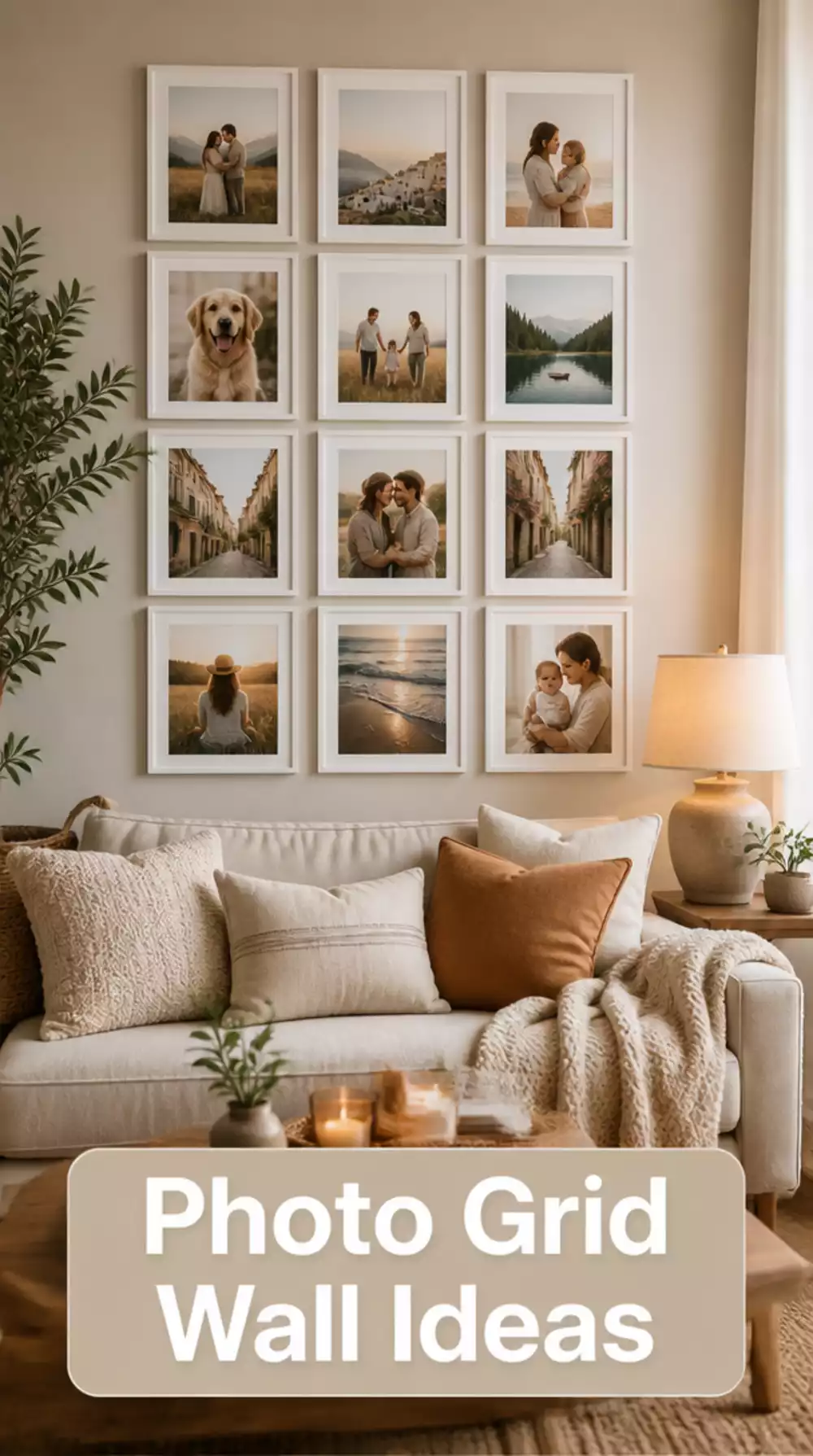 Living Room Photo Grid Wall Using Printed Personal Photos in Matching White IKEA Frames
