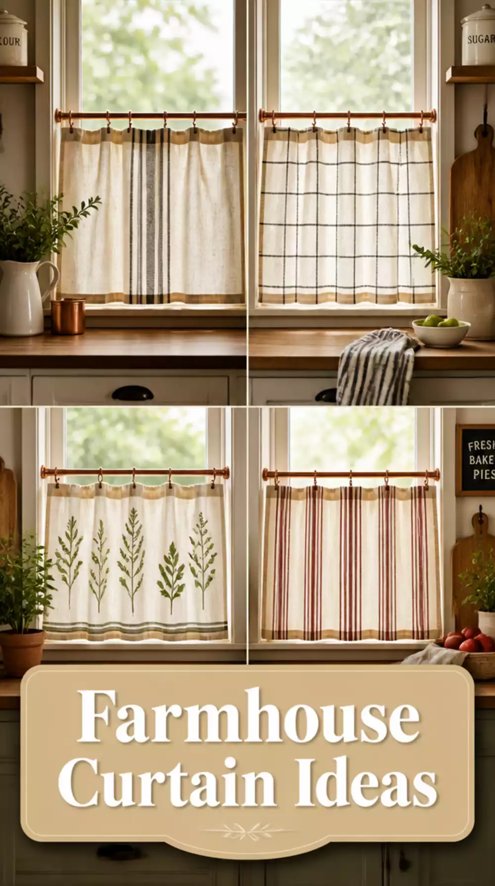 Kitchen Tea Towel Curtain Hung on a Slim Copper Rod for a Farmhouse Half-Window Look
