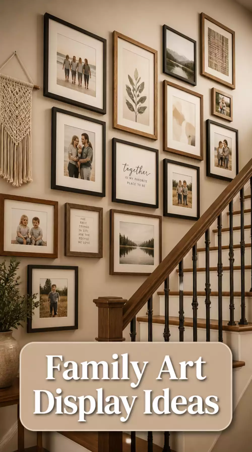 Hallway Staircase Gallery Wall Using Family Prints and Art in Mismatched Frames Along the Climb