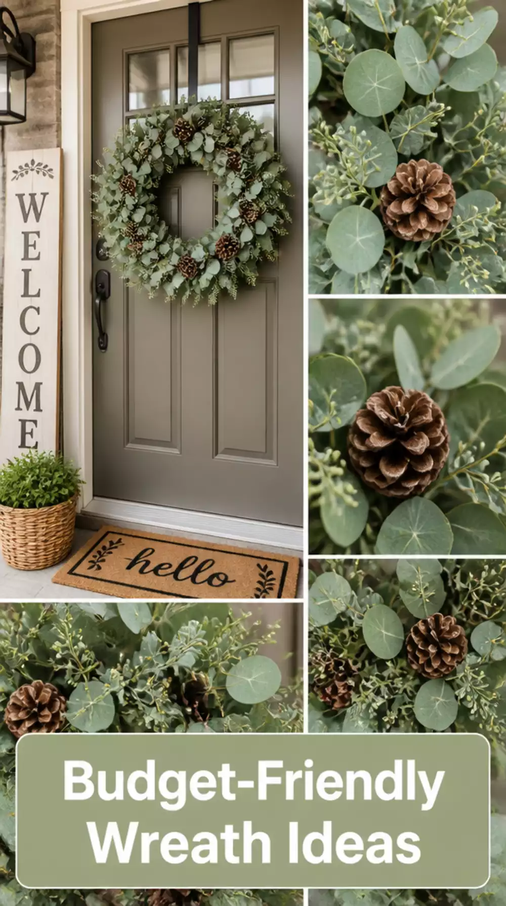 Front Door Christmas Wreath in Faux Eucalyptus and Pine Cones That Costs Under Eight Dollars