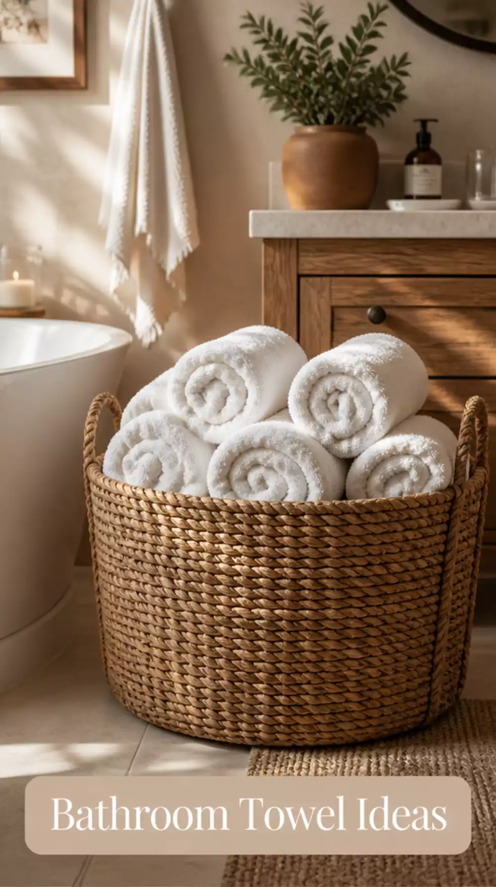 Bathroom Rolled White Towel Set Displayed in an Open Seagrass Basket on the Floor