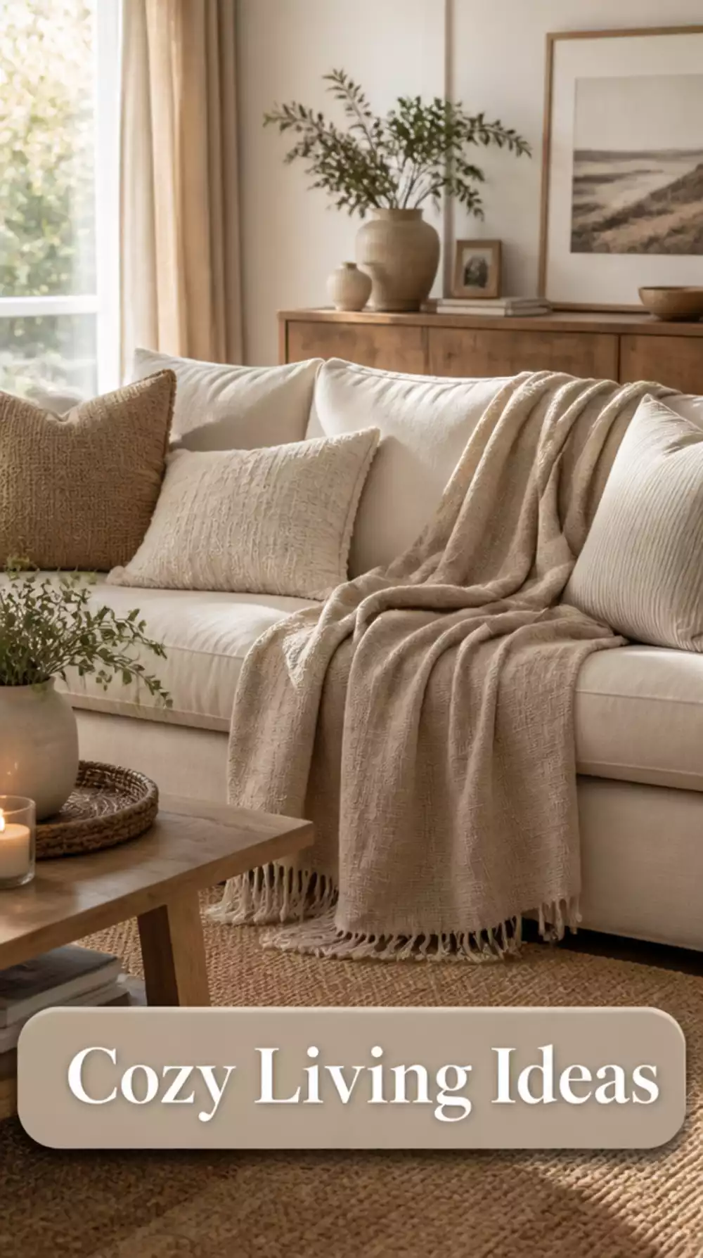 Living Room Linen Throw Blanket in a Warm Oat Tone Draped Over a Neutral Sofa