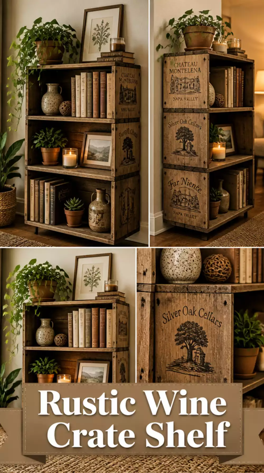 Living Room Upcycled Wine Crate Shelf Mounted on the Wall as a Rustic Display Unit