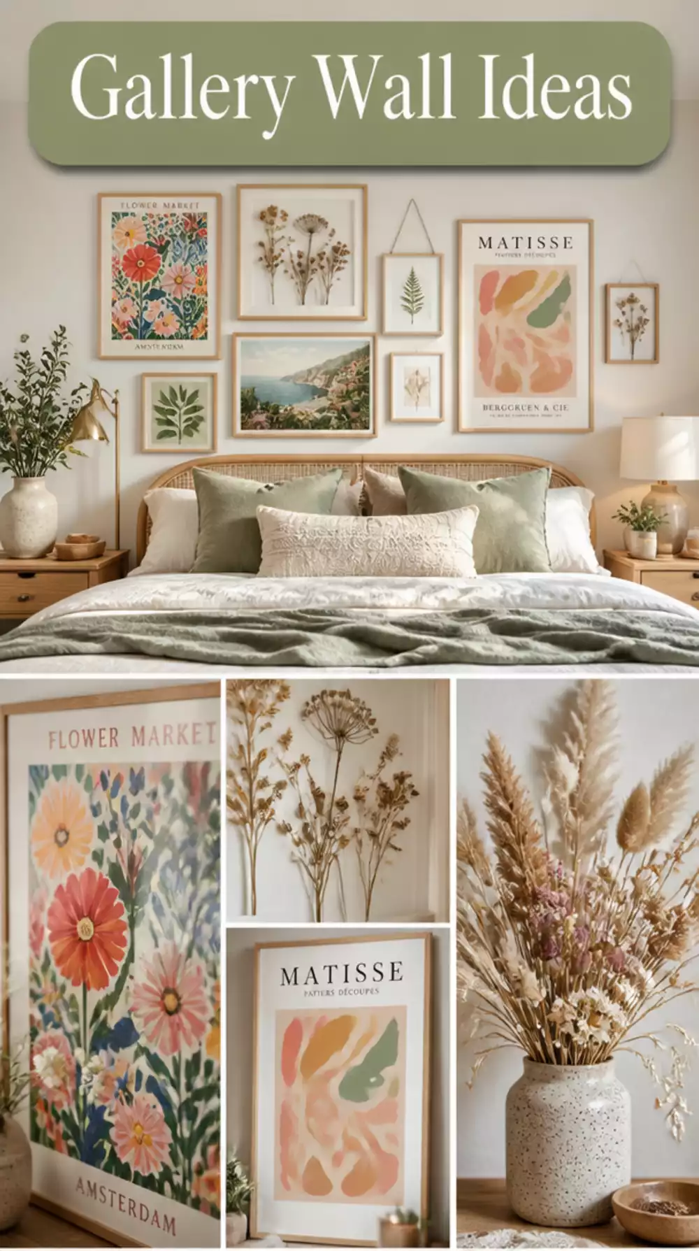 Bedroom Gallery Wall with Art Prints and Botanicals