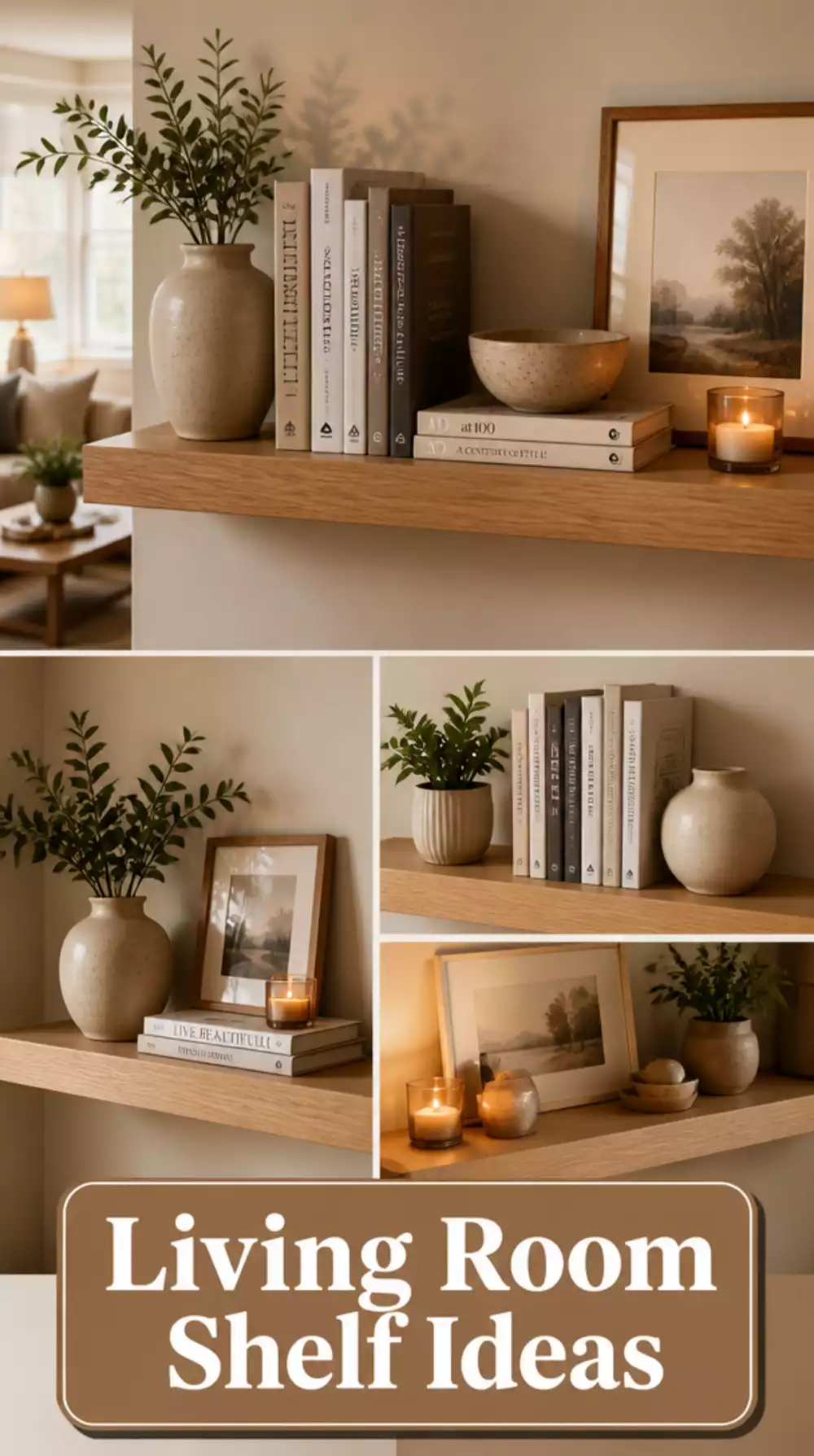 Living Room Floating Shelf Set in a Light Oak Finish That Displays Books and Ceramics