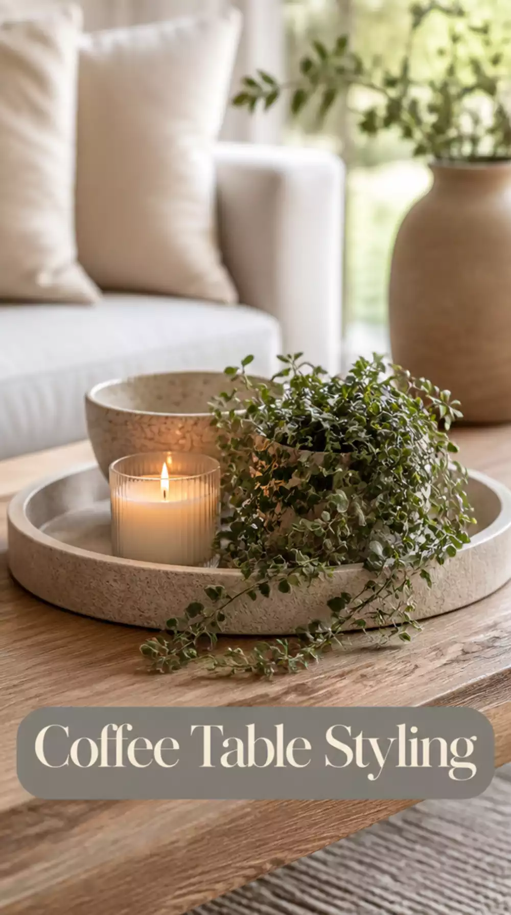 Styled Coffee Table Tray with Candle and Greenery