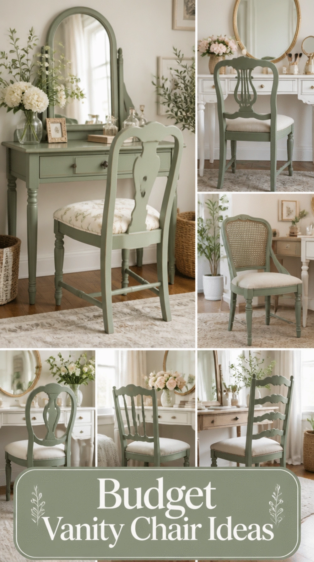 Bedroom Vintage Wooden Chair Upcycled in a Sage Paint as a Budget Vanity Seat