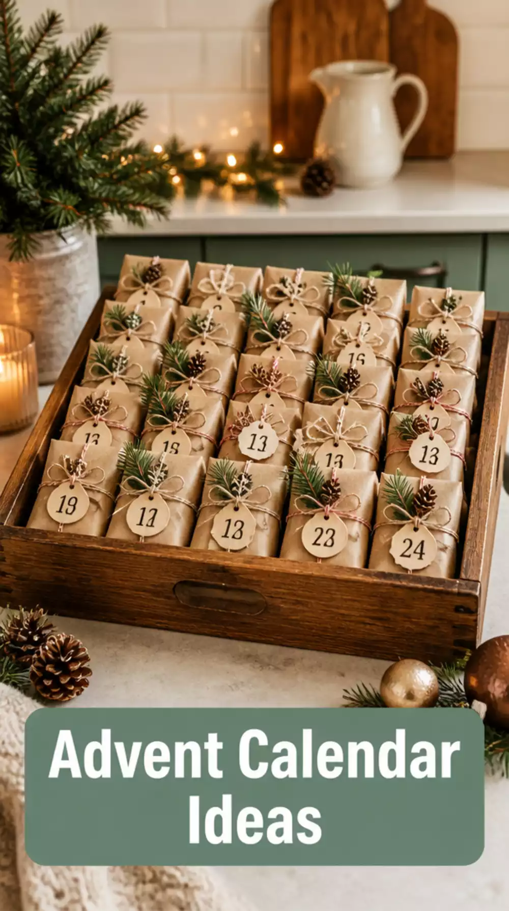 Kitchen Christmas Advent Calendar Tray Styled With Small Wrapped Objects on a Wooden Board