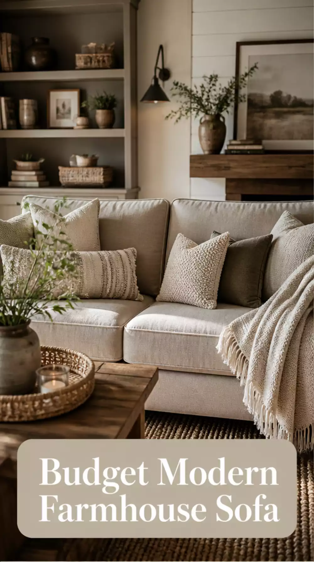 Living Room Sofa in a Warm Greige Linen for a Budget Modern Farmhouse Aesthetic