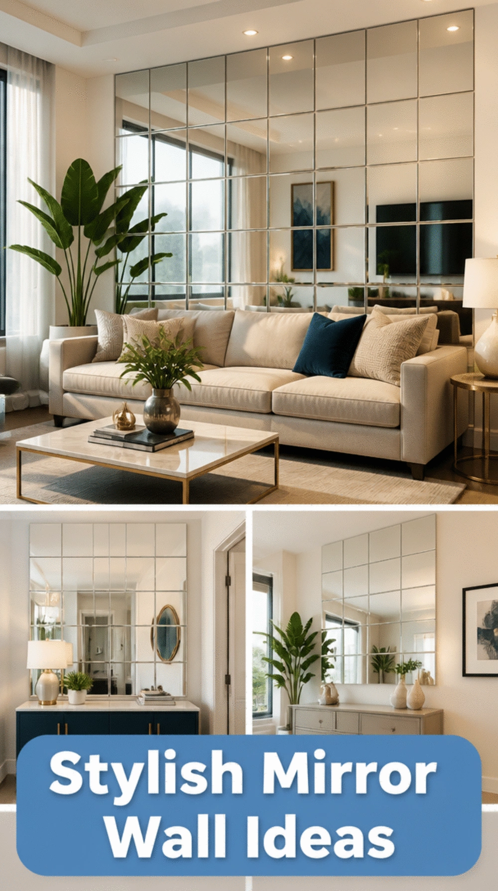 Living Room Dollar Store Adhesive Mirror Tile Set Arranged in a Grid as a Statement Wall