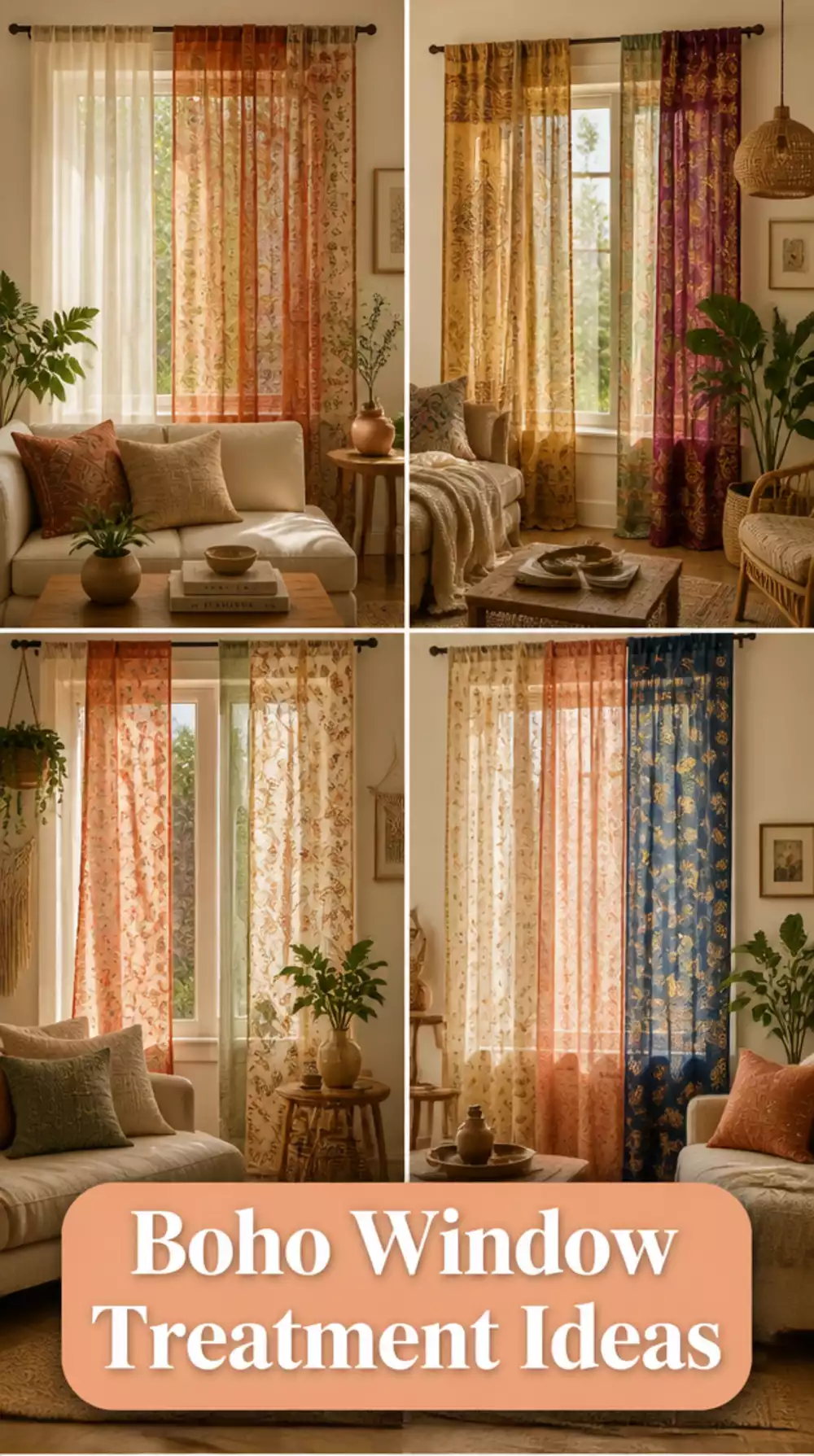 Living Room Vintage Sari Fabric Panel on Wooden Clip Rings for a Boho Window Treatment