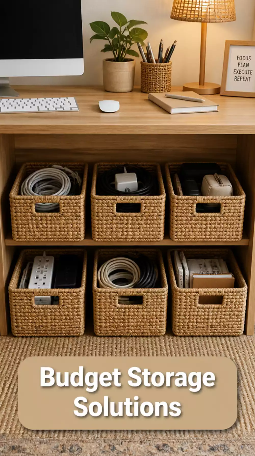 Home Office Woven Storage Basket Set Under the Desk That Hides Cables and Clutter