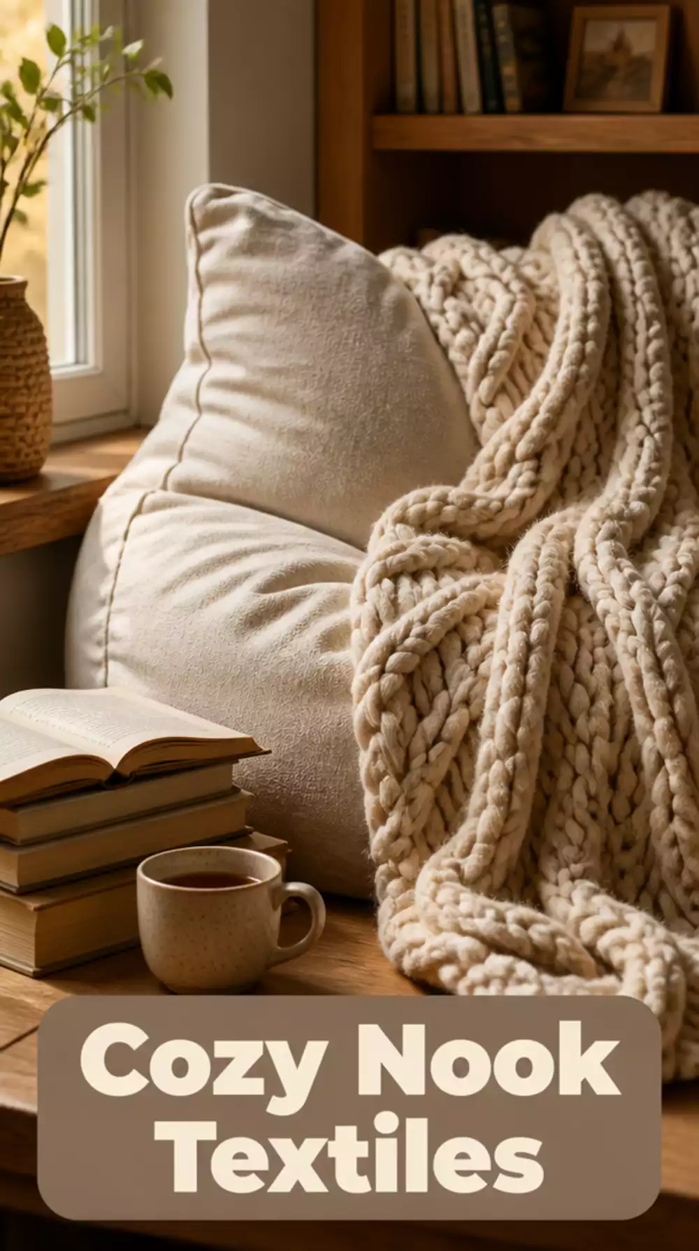 Cozy Reading Nook with Chunky Knit Blanket and Oversized Pillows