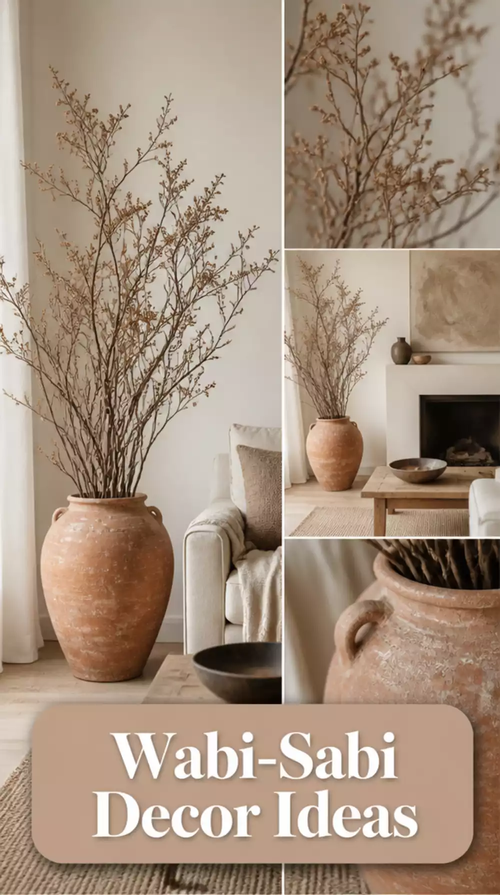 Living Room Wabi-Sabi Dried Branch Arrangement in a Simple Terracotta Floor Pot as a Corner Feature