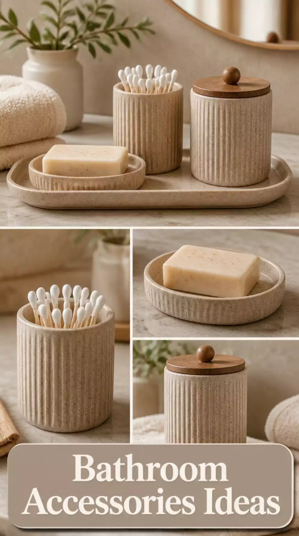 Bathroom Vanity Coordinated Soap Dish, Cotton Bud Holder, and Tray Set in a Warm Sand Tone