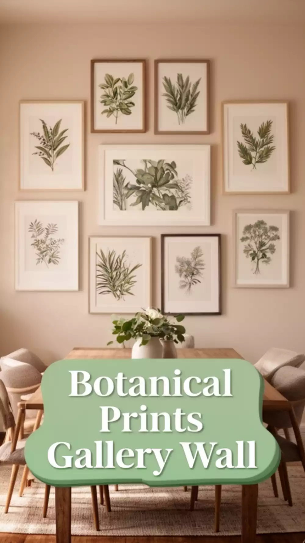 Dining Room Gallery Wall Using a Mix of Botanical Prints Behind the Dining Table