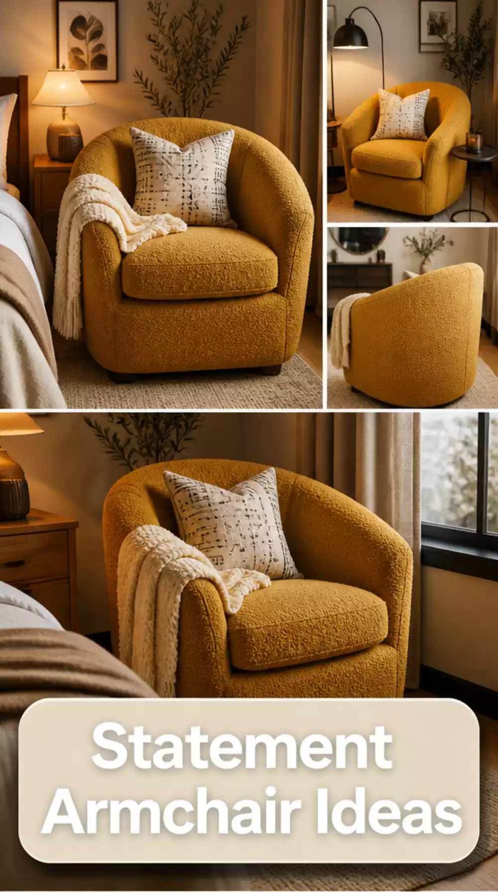 Bedroom Secondhand Armchair Reupholstered in a Mustard Boucle for a Statement Corner