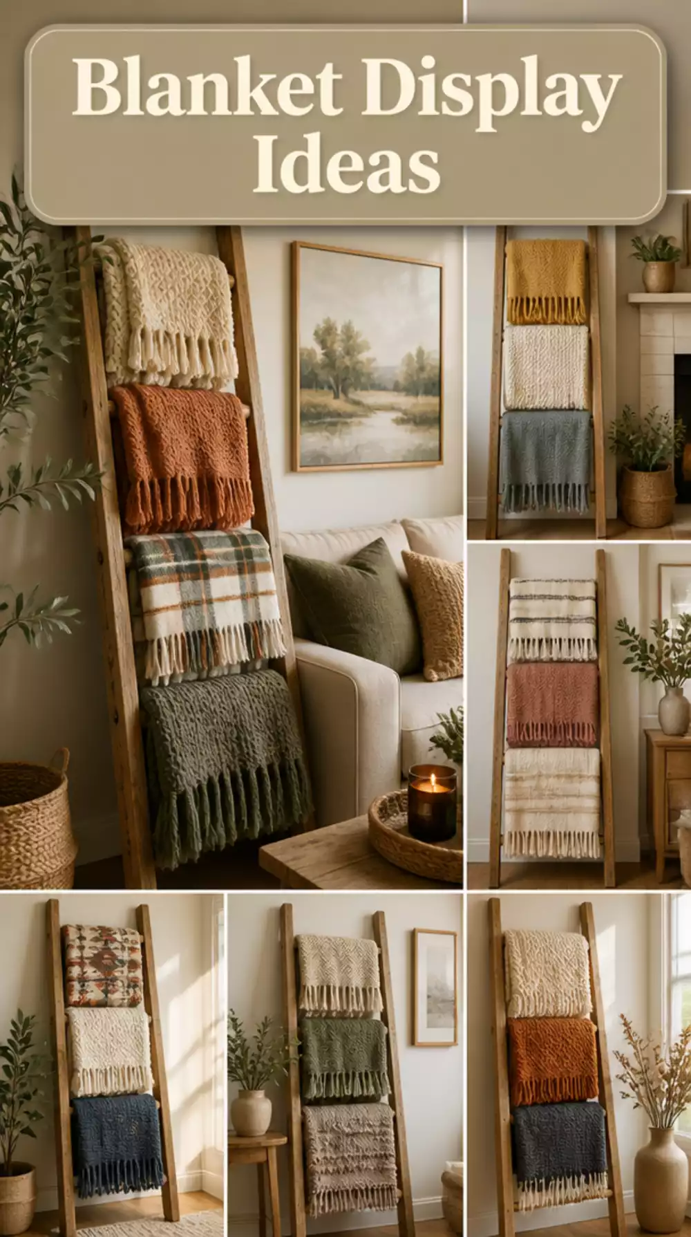 The Thrift Store Ladder Repurposed as a Blanket and Throw Display Beside the Sofa