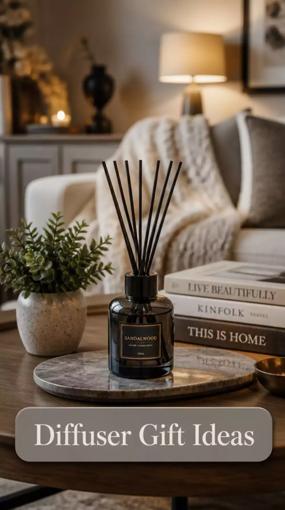 Dark glass reed diffuser on coffee table for elegant home scent