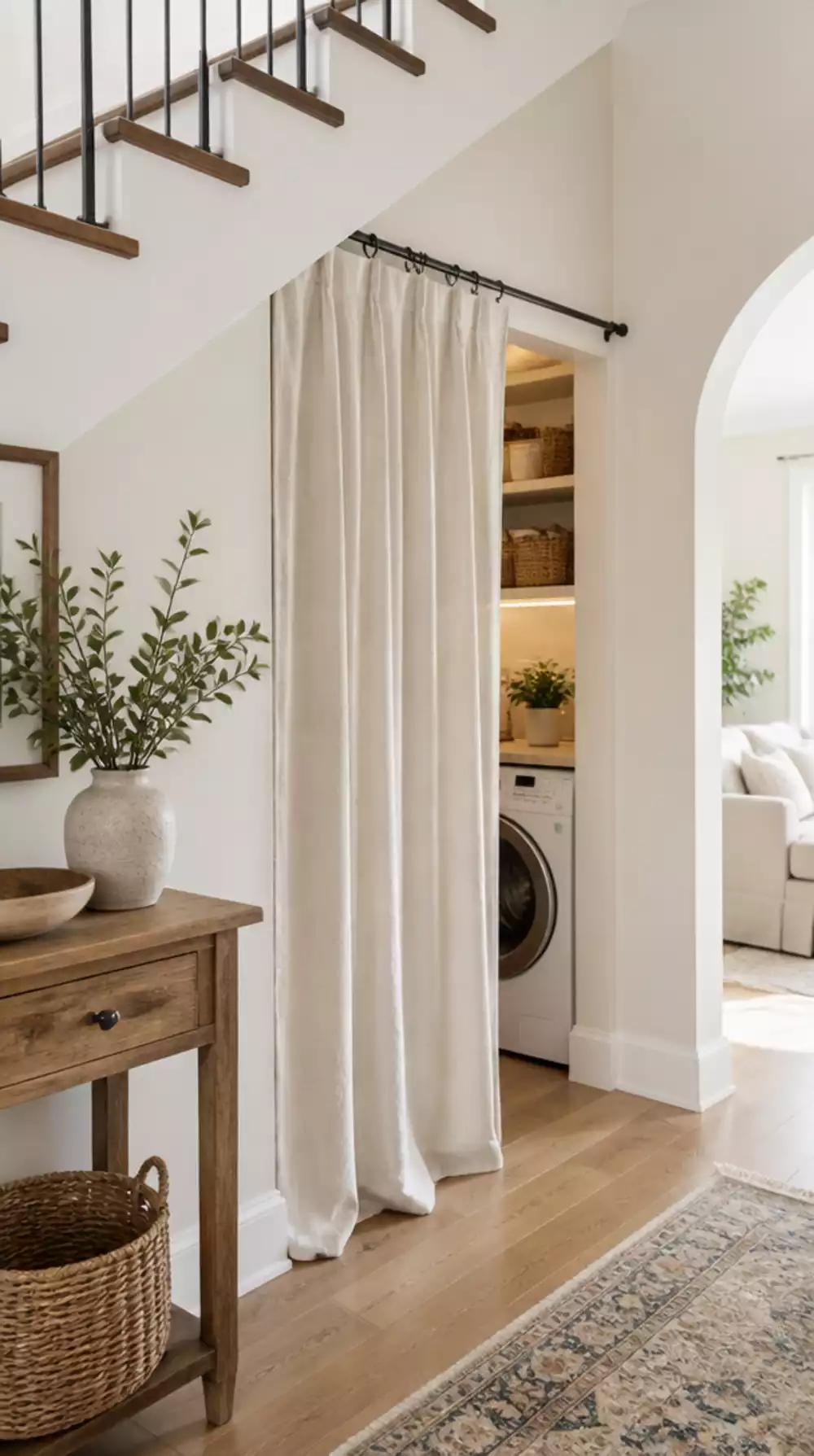 The Under-Stair Curtain Rail Trick That Hides a Utility Zone Behind a Simple Linen Panel