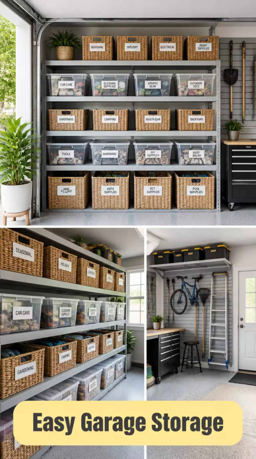 Garage Labelled Storage Bin Stack on Open Shelving That Makes Finding Anything Instant