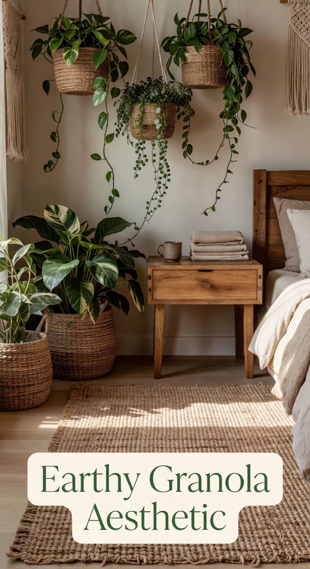 Bedroom Earthy Granola Aesthetic Using Woven Textures- Warm Wood- and a Trailing Plant
