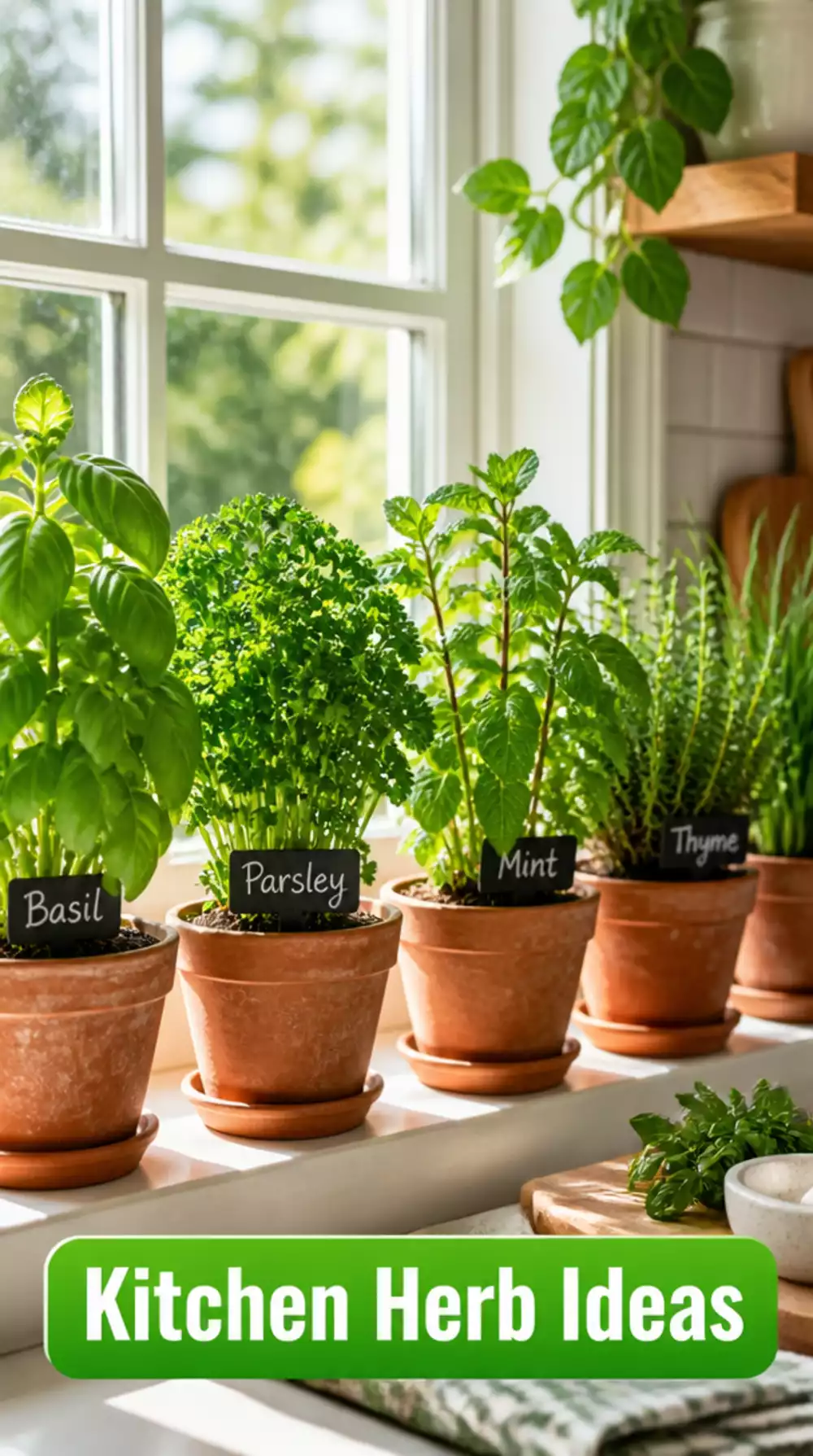 Kitchen Window Sill Herb Planter Set in Small Terracotta Pots That Looks Styled