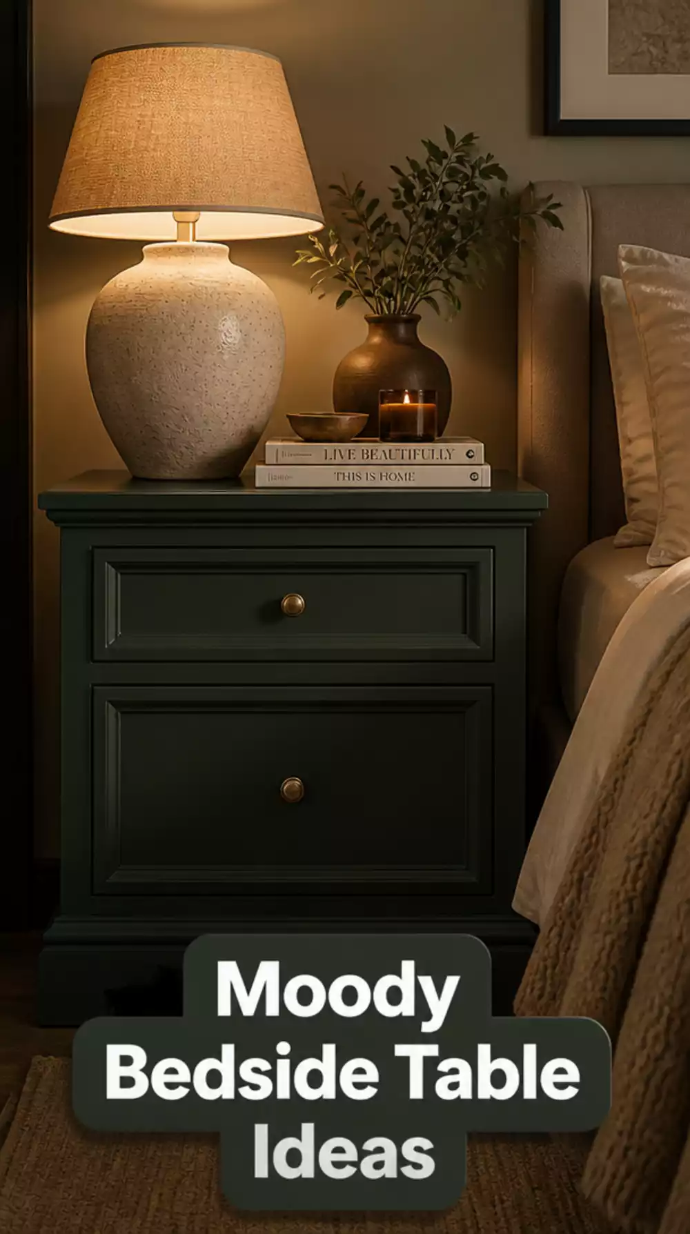 Bedroom Secondhand Bedside Table Painted in a Deep Forest Green for a Moody Look