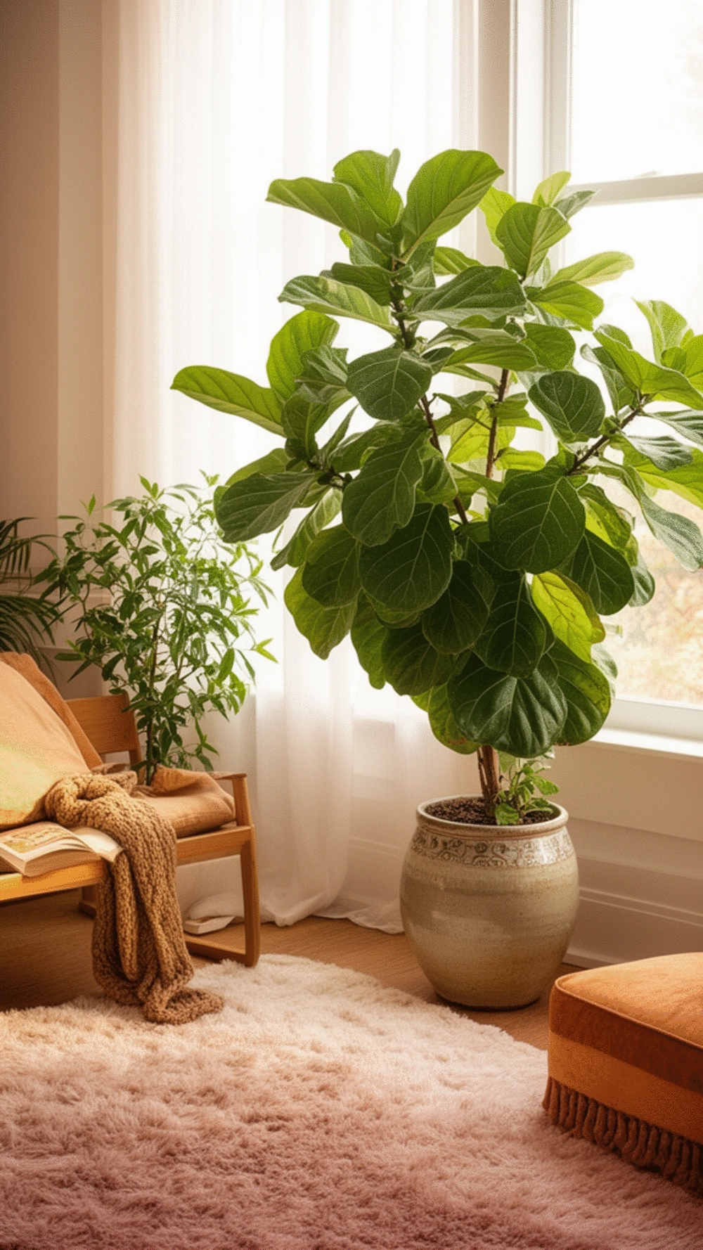 Living Room Large Fiddle Leaf Fig or Monstera Plant That Brings an Outdoor Scale Inside