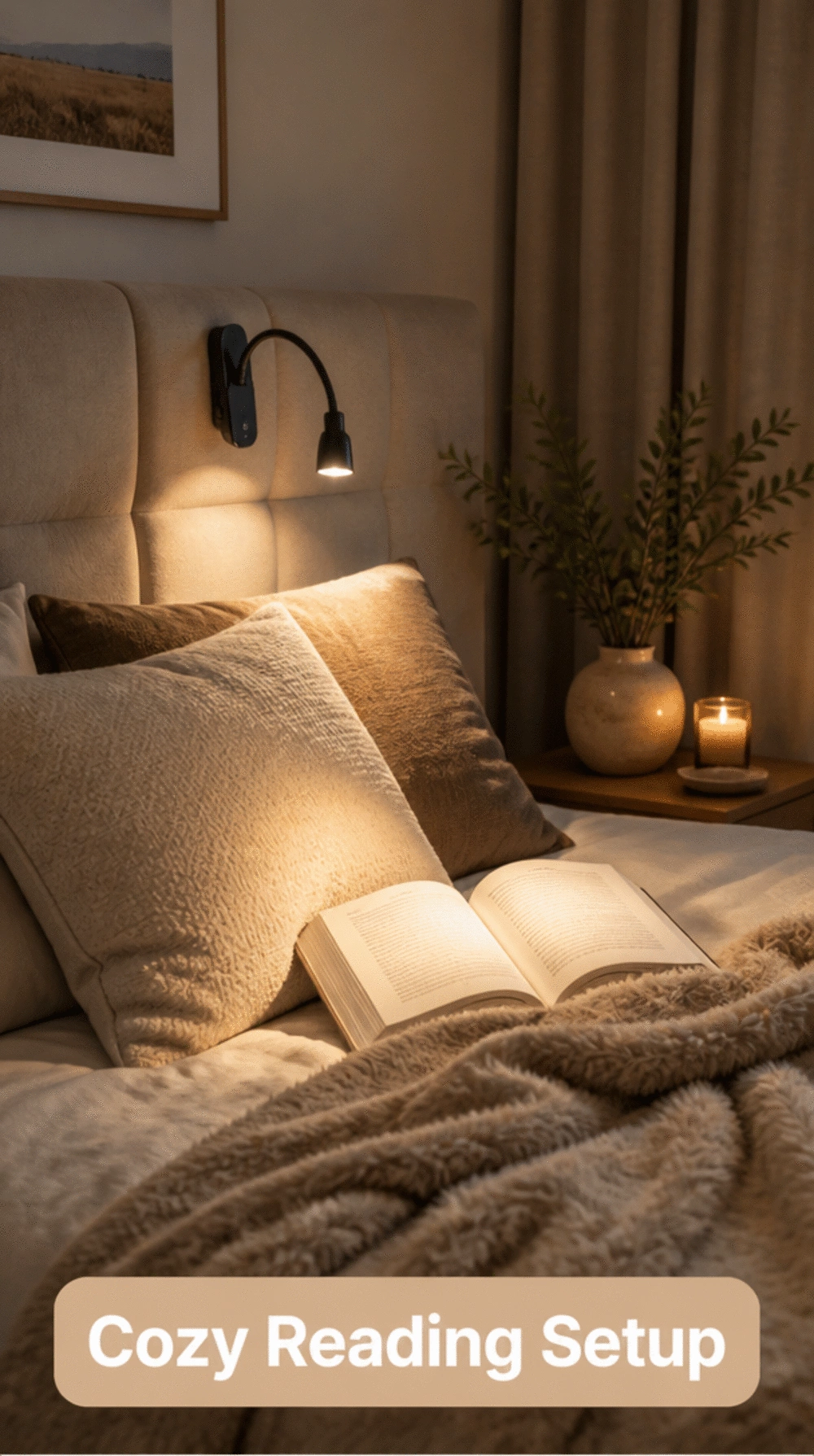 Bedroom Clip-On Book Light in a Matte Black Clipped to a Headboard for a Minimal Reading Setup