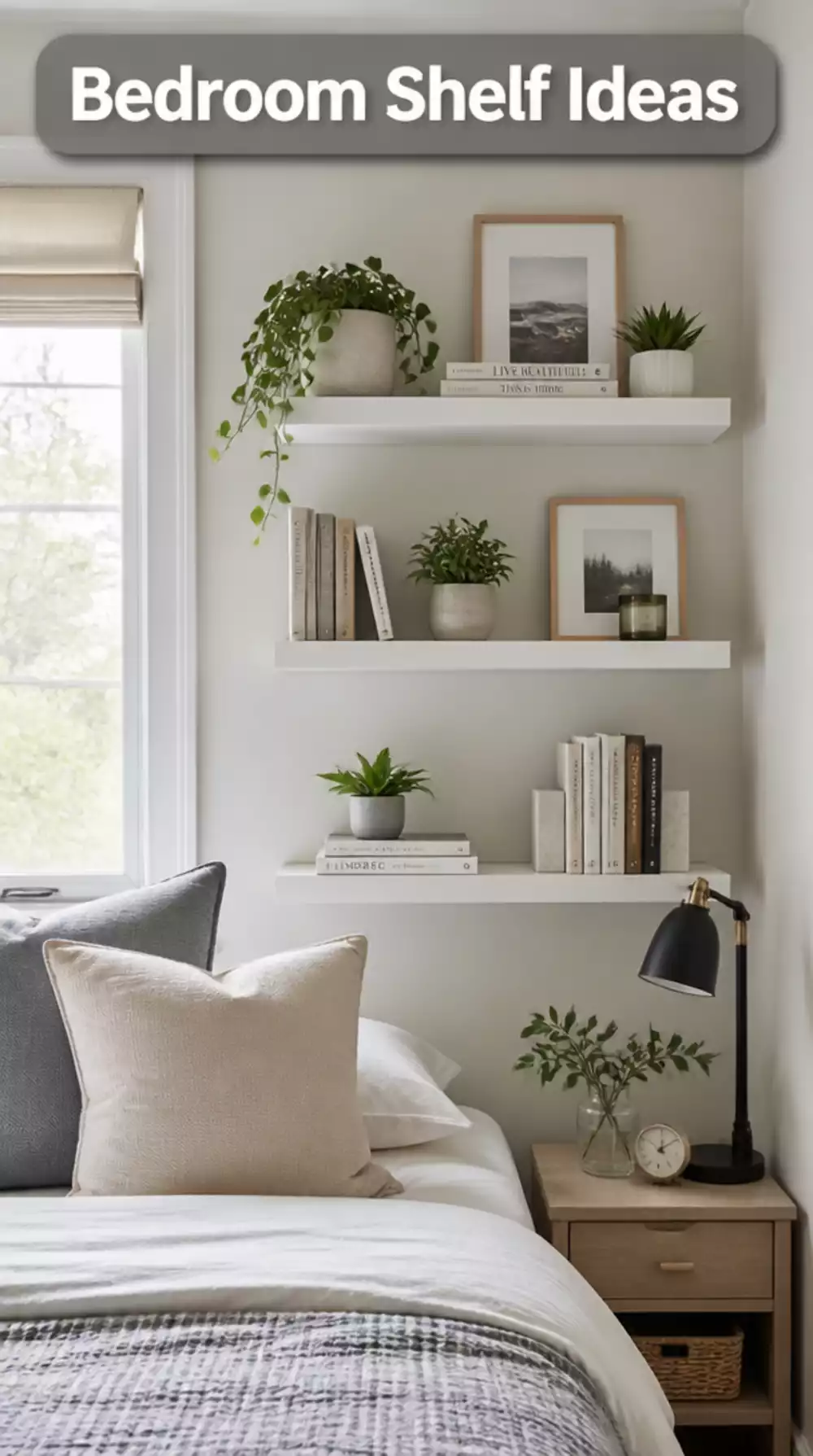 Bedroom Vertical Floating Shelf Stack That Draws the Eye Up and Frees Floor Space