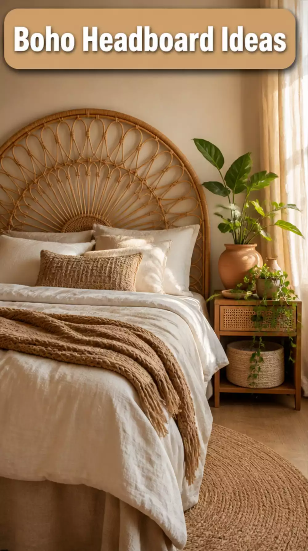 Bedroom Rattan Bed Headboard in a Natural Woven Finish for a Boho Focal Wall