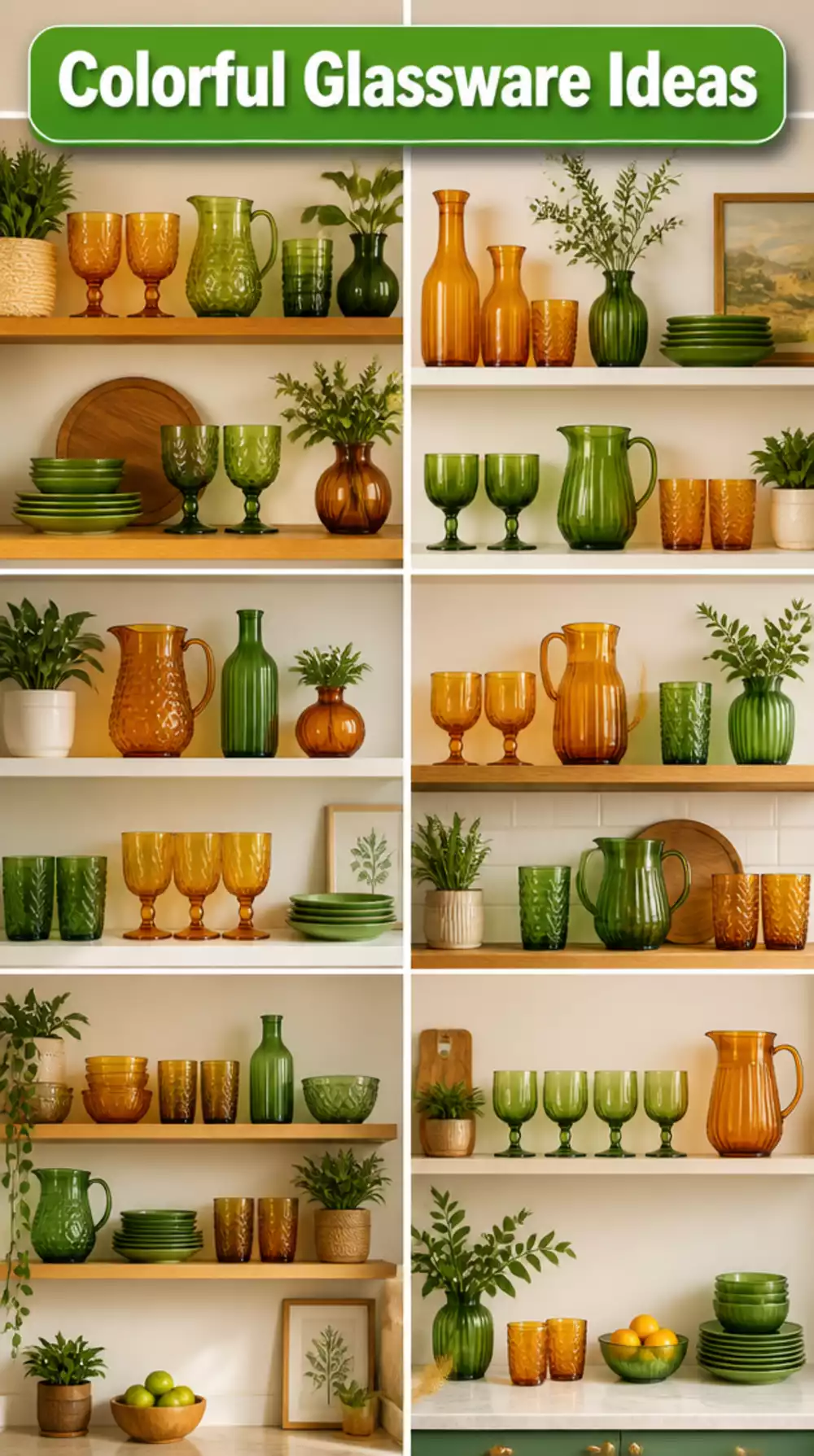 Amber Green Glassware For Kitchen Shelves