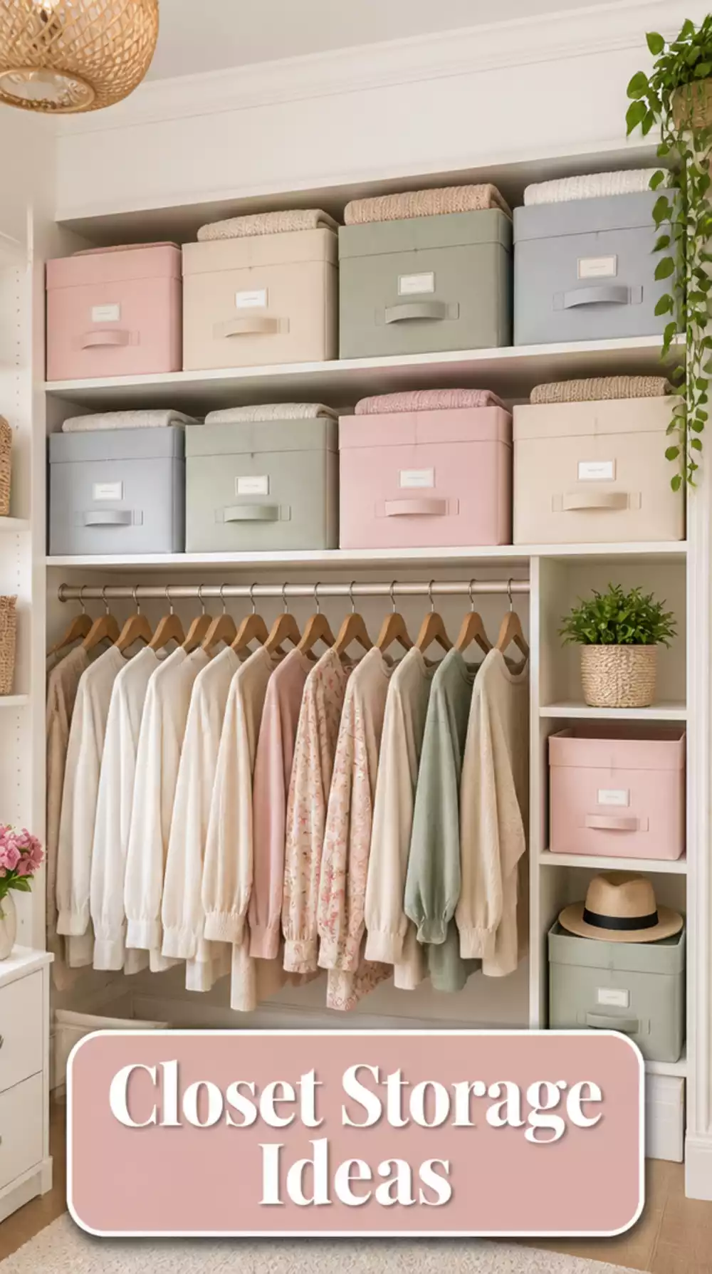 Closet Matching Fabric Storage Bin Set on High Shelves That Makes a Wardrobe Look Tidy