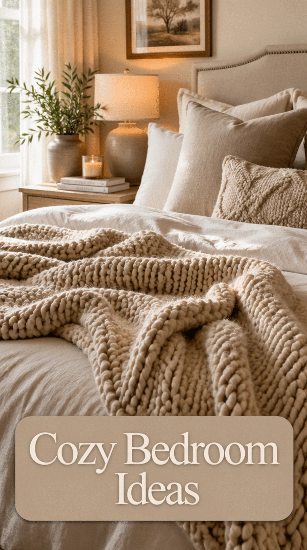 Bedroom Chunky Knit Throw Blanket in a Warm Oatmeal Tone Draped Over the Bed