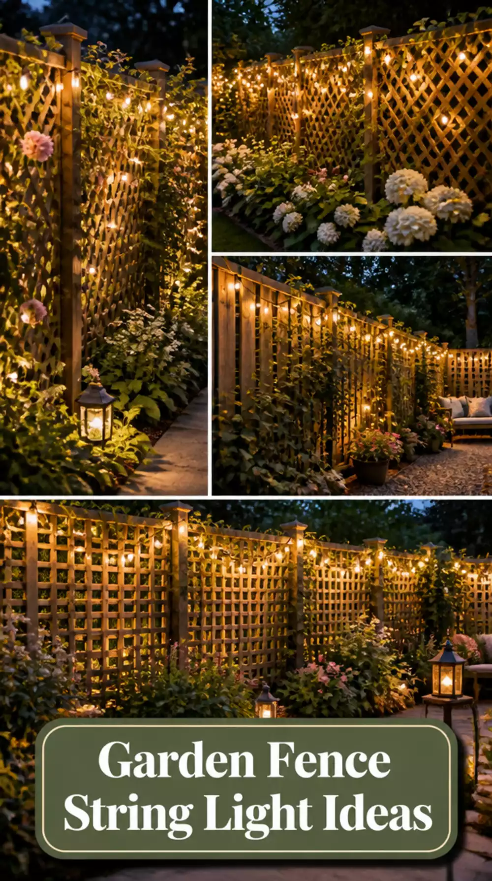 Garden Fence String Light Drape Woven Through Trellis Panels for a Warm Boundary Feature