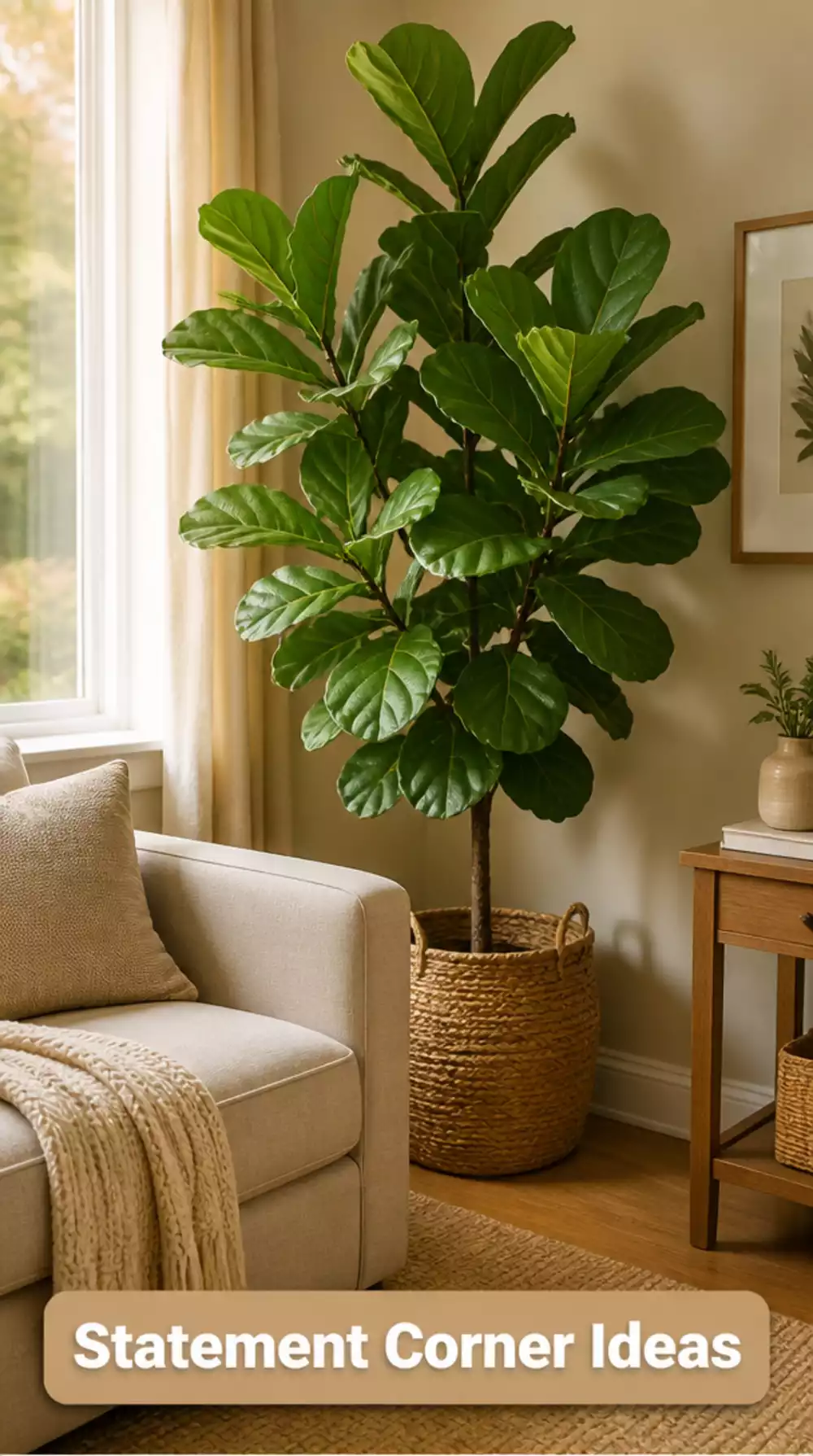 Living Room Large Potted Fiddle Leaf Fig in a Woven Seagrass Basket for a Statement Corner
